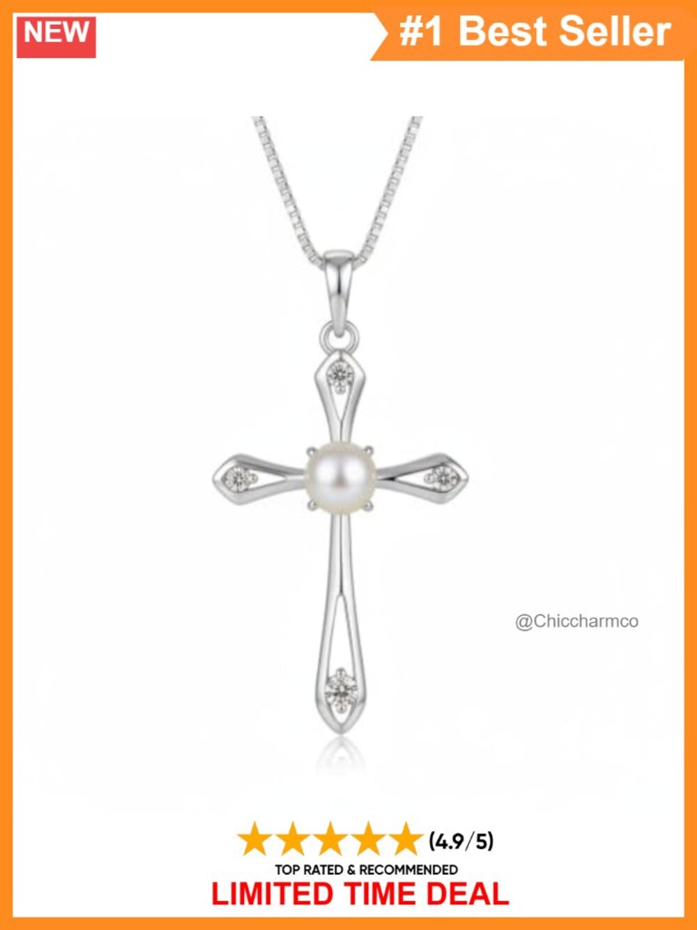 925 Sterling Silver Freshwater Pearl Cross Pendant Necklace CZ 18" Chain